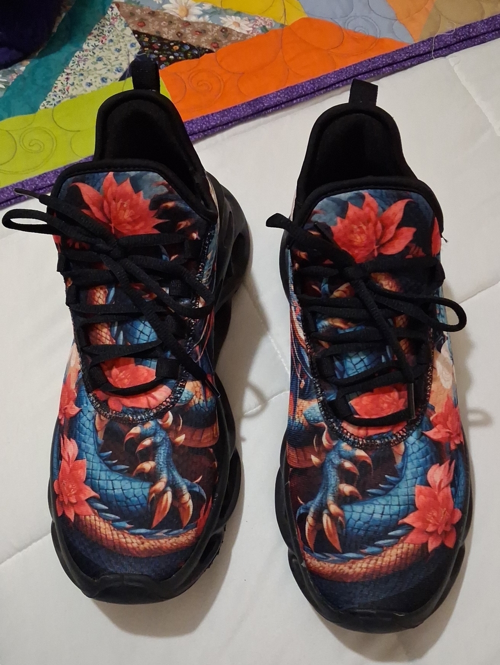 Mens Floral Dragon Print Sneakers - Black & Blue with Coral Accents Size 10.5